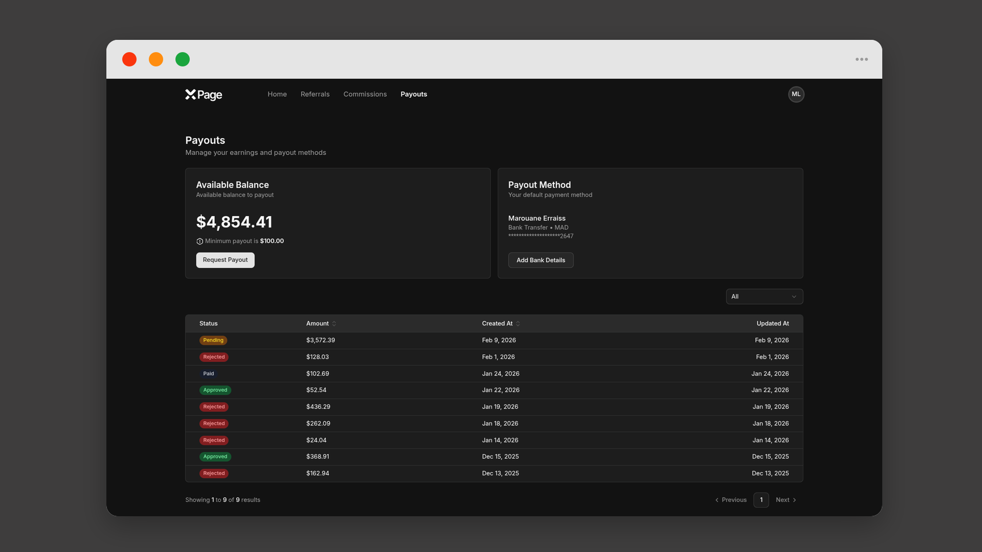 xPage — Affiliate Frontend Dashboard screenshot